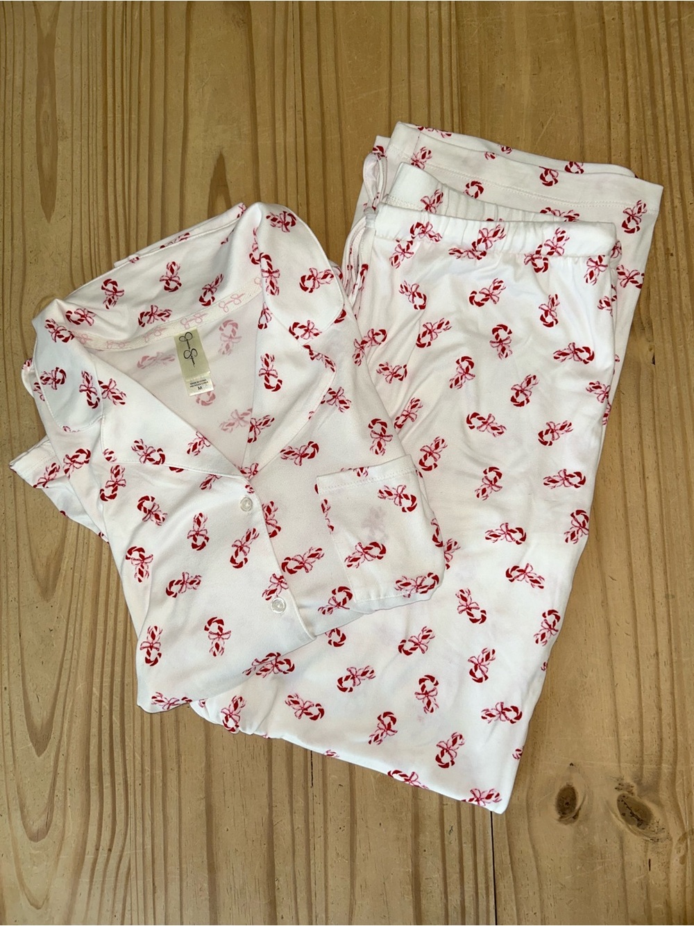 Jessica Simpson Women’s White 2-Piece Pajama Set with Red Candy Cane Print-NEW